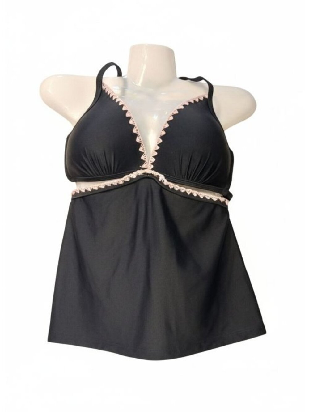 Hula Honey Womens Black & Pink Halter Tankini Swim Top With Crochet Trim - Size
